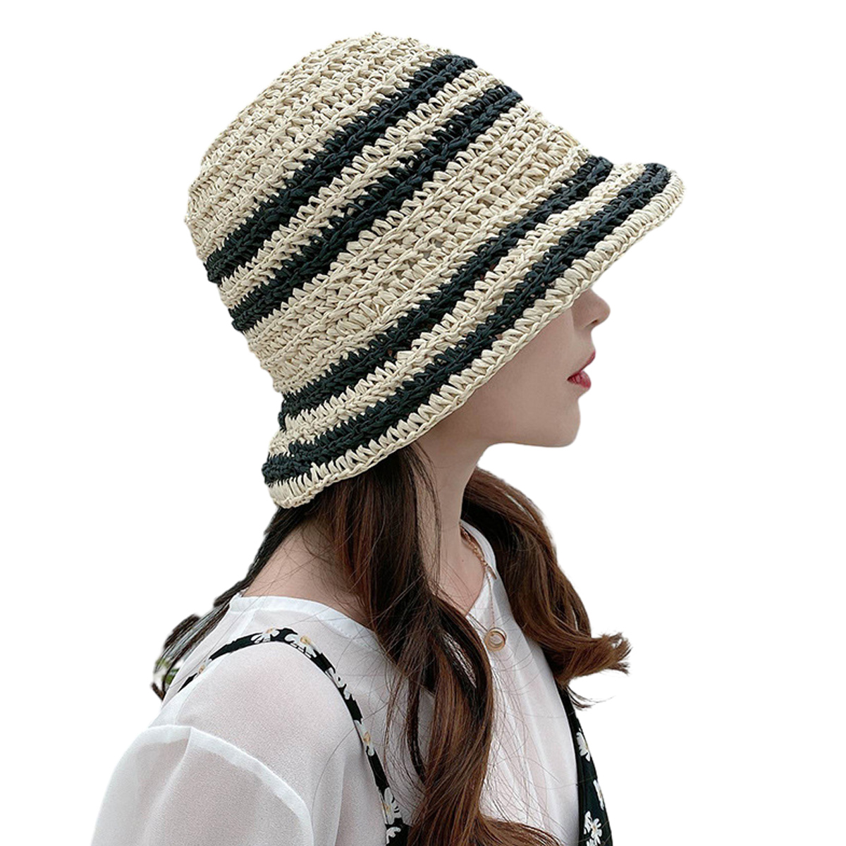 Women Straw Sun Hat Woven Bucket Hat Fishing Hat Beach Hat Foldable Cap 