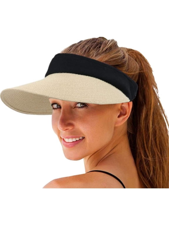 Women Straw Sun Visor Hat Wide Brim Summer Beach Cap, Foldable Packable, Korean Style