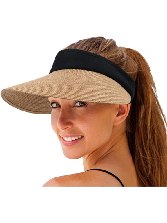 Women Straw Sun Visor Hat Wide Brim Summer Beach Cap, Foldable Packable, Korean Style