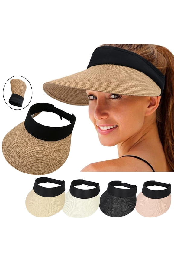 Women Straw Sun Visor Hat Wide Brim Summer UV Protection Beach Cap Foldable Packale Korean Style