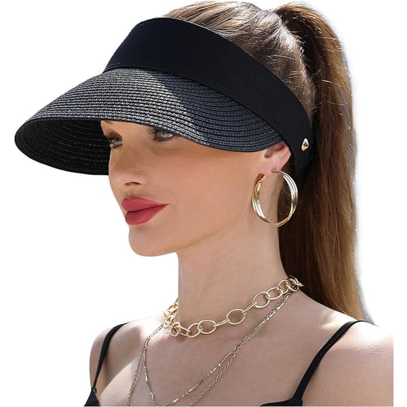 Women Straw Sun Visor Hat Wide Brim Summer UV Protection Beach Cap Foldable Packale Korean Style