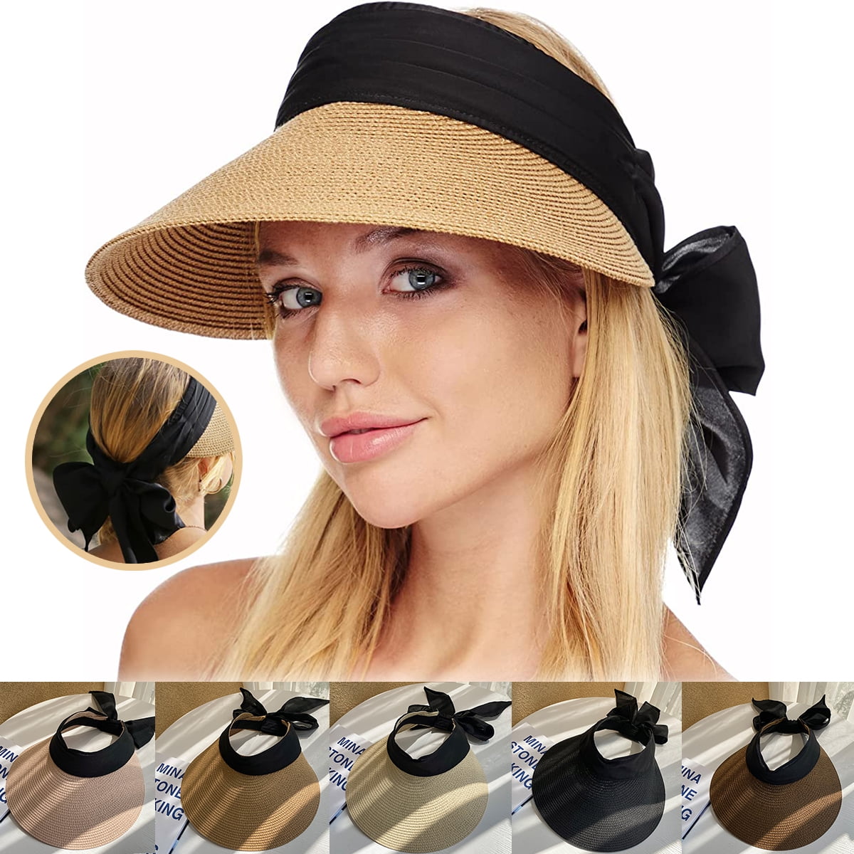 Women Straw Sun Visor Hats Beach Summer Sun Hat Wide Brim Sun Hats Foldable  UPF 50 Womens Visor with Big Tie