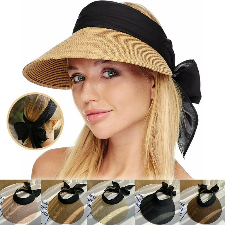 Vorkoi Women Straw Sun Visor Hats Beach Summer Sun Hat Wide Brim Sun Hats Foldable UPF 50 Womens Visor with Big Tie, Women's, Size: One size, Black
