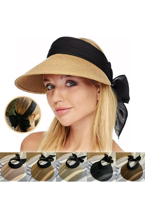 Women Straw Sun Visor Hats Beach Summer Sun Hat Wide Brim Sun Hats Foldable UPF 50 Womens Visor with Big Tie