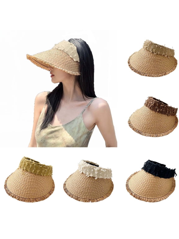Women Straw Sun Visor Summer Beach Visor Wide Brim Foldable Ponytail Hat for Women Travel Outdoor Wear