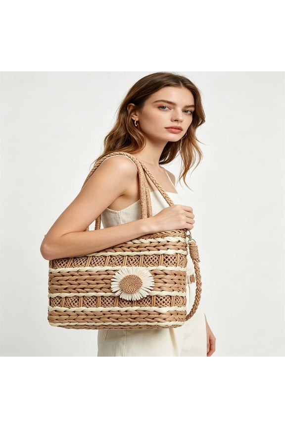 Women Straw Tote Bag, Summer Beach Bag, Handmade Sunflower Hollow Weave Shoulder Handbag, Detachable Crossbody Strap, Vacation Travel Accessories, Large Capacity, Breathable, Bohemian Style