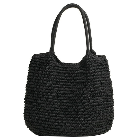 Women Straw Tote Handbag Large Capacity Retro Straw Bag Ladies Summer Beach Bag Weaving Shoulder Bag (Black)