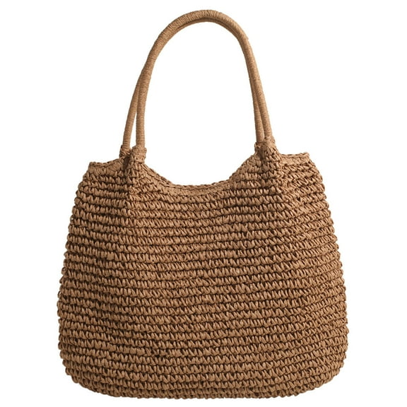 Women Straw Tote Handbag Large Capacity Retro Straw Bag Ladies Summer Beach Bag Weaving Shoulder Bag (Khaki)