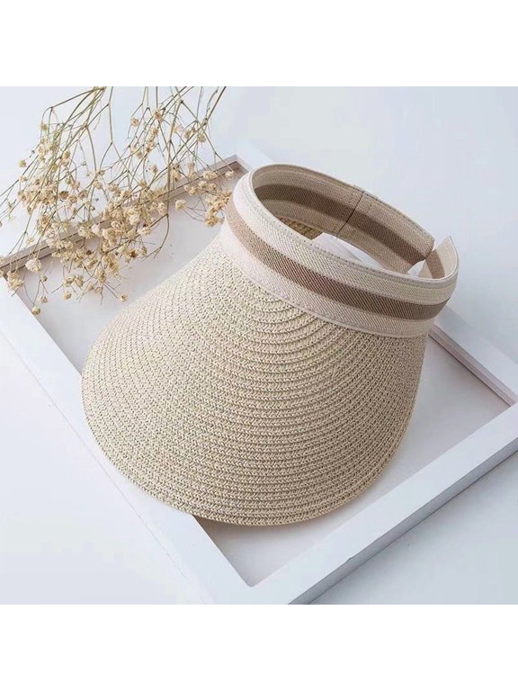 Women Straw Visors, Wide Brim Beach Hats Hand Woven Sun Hats Summer UV Protection Beach Cap
