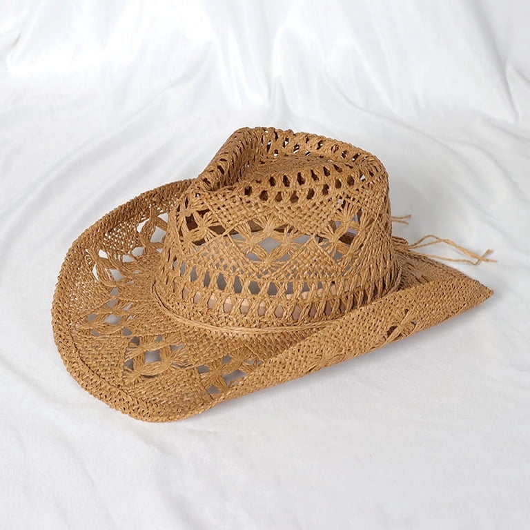 ZDWQFA Women Straw Wide Brim Cowboy Hat, Foldable Summer 