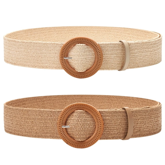 Women Straw Woven Elastic Stretch Waist Belt Skinny Boho Ladies Braided Dress Belt With Wooden Style Buckle