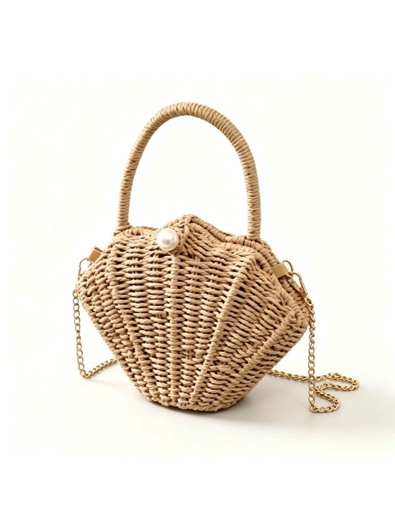 Women Straw Woven Handbag Shell Shape Clutch Straw Summer Bag Rattan Crossbody Bags Vacation Beach Purse 2026,Khaki