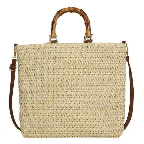 Women Straw Woven Handbag with Bamboo Handle Tote Clutch Bags for Seaside(Beige) Shoulder Bags for Women