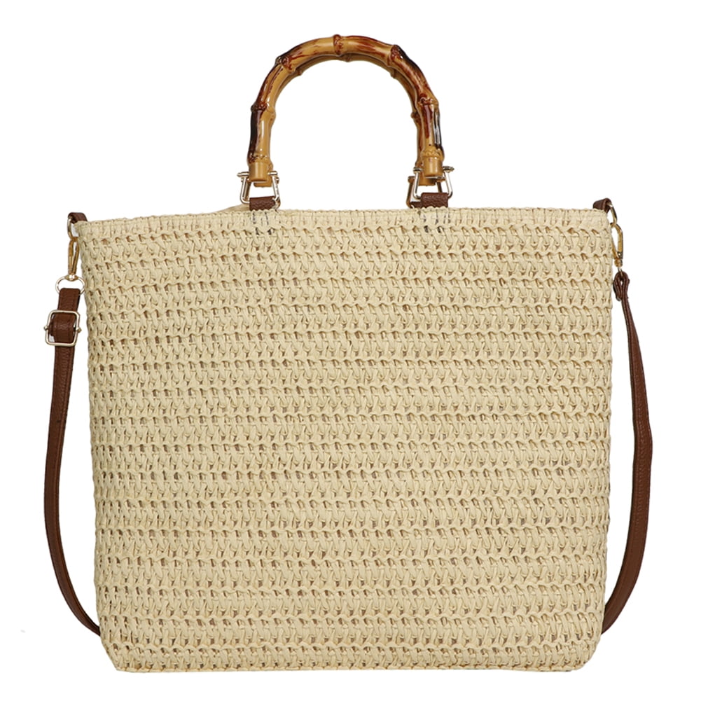 Women Straw Woven Handbag with Bamboo Handle Tote Clutch