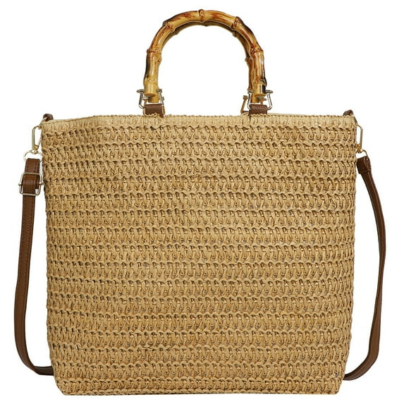 Women Straw Woven Handbag with Bamboo Handle Tote Clutch Bags for Seaside(Khaki) Shoulder Bags for Women