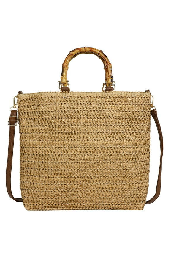Women Straw Woven Handbag with Bamboo Handle Tote Clutch Bags for Seaside(Khaki) Shoulder Bags for Women