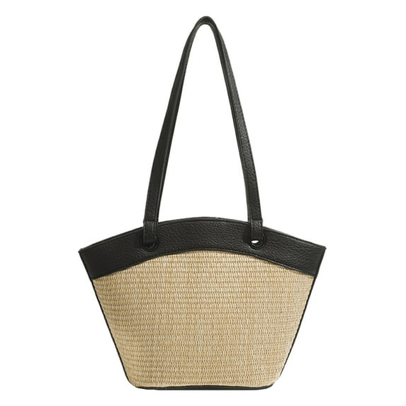 Women Straw Woven Tote Bag Vintage Shoulder Bag for Beach Vacation (Black)
