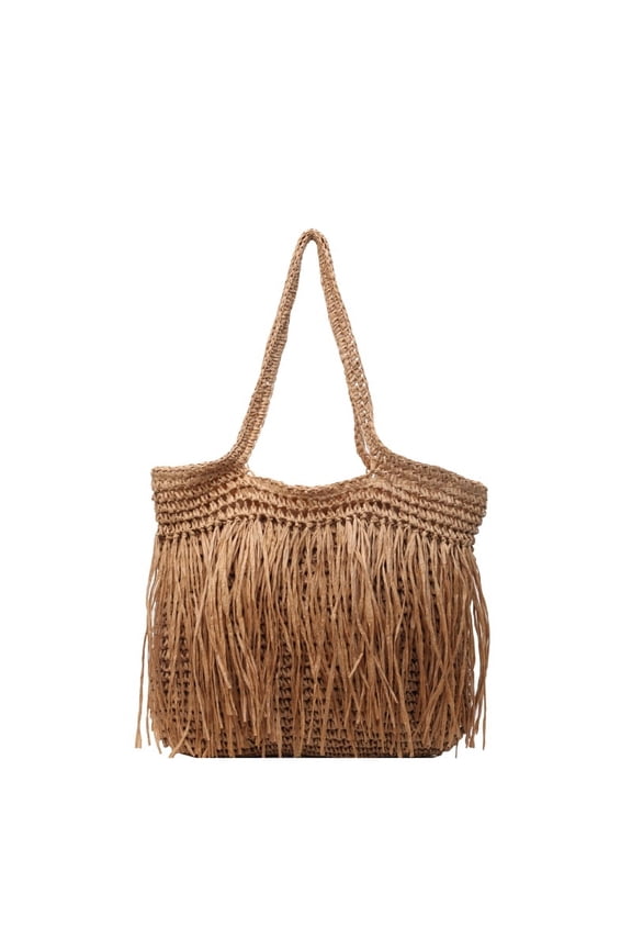 Women Straw Woven Tote Bag with Tassel, Simple Casual Summer Beach Shoulder Bag for Travel Vacation (Khaki)
