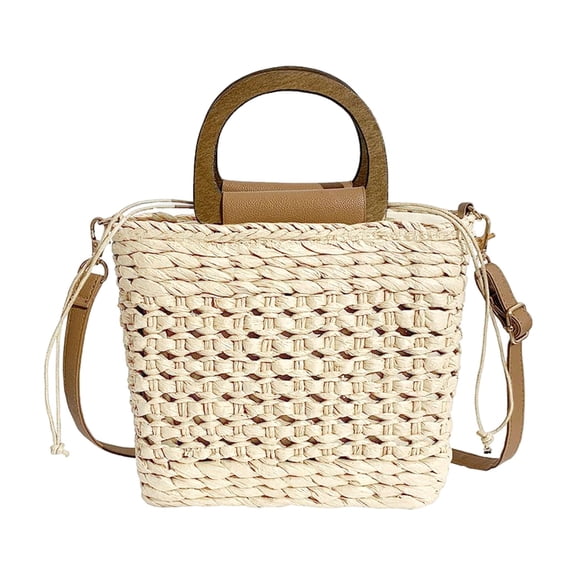 Women Straw Woven Tote Handmade Purse Casual Bags Top Handle Satchel Drawstring Beige