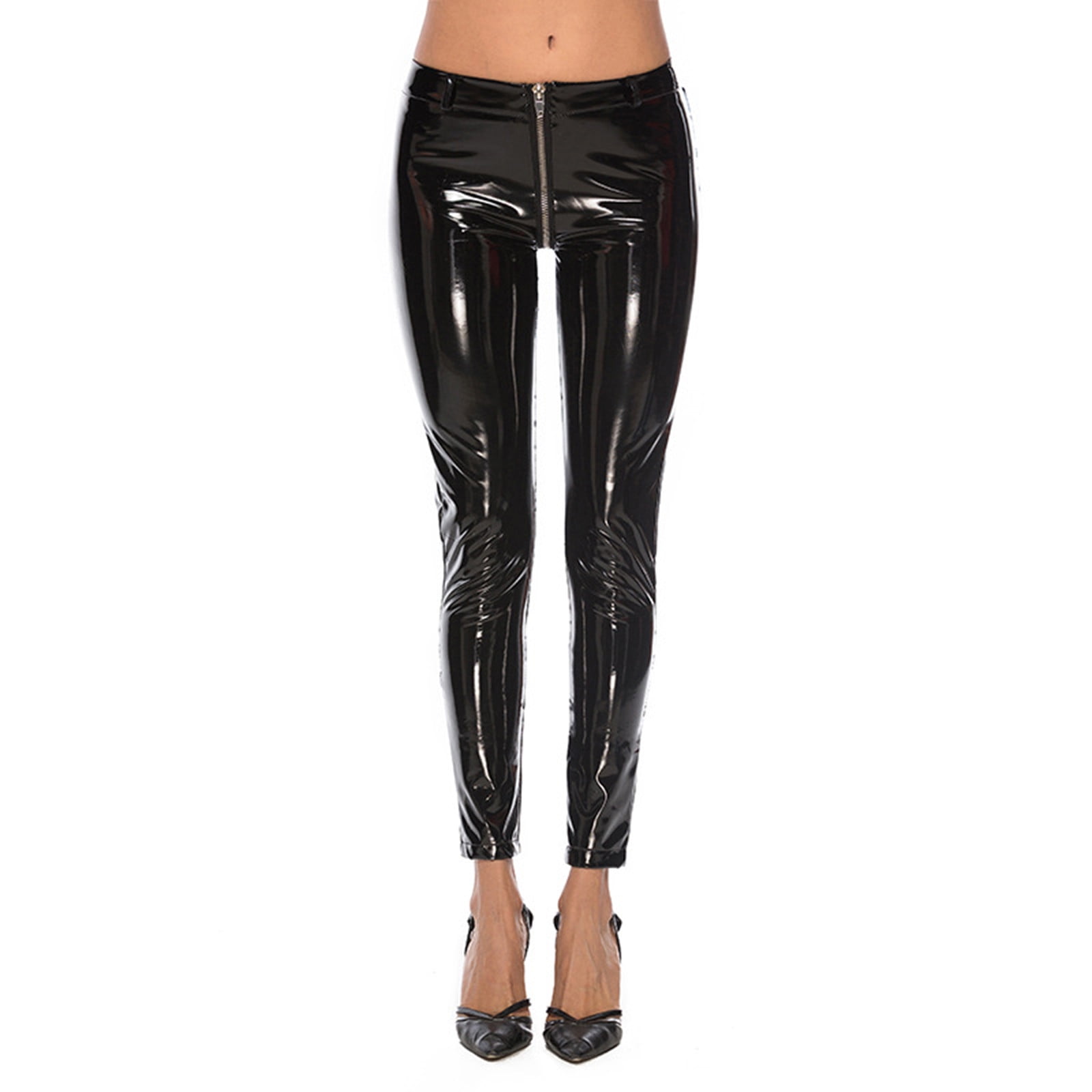 Women Street Leather Tights Color Leather Pants Zipper Crotch