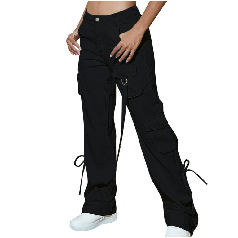 Women Street Style Cargo Pants Multi Pockets Belts Cute Low Waist Wide Leg Pant Sweatpants Y2k Streetwear Easter Gift