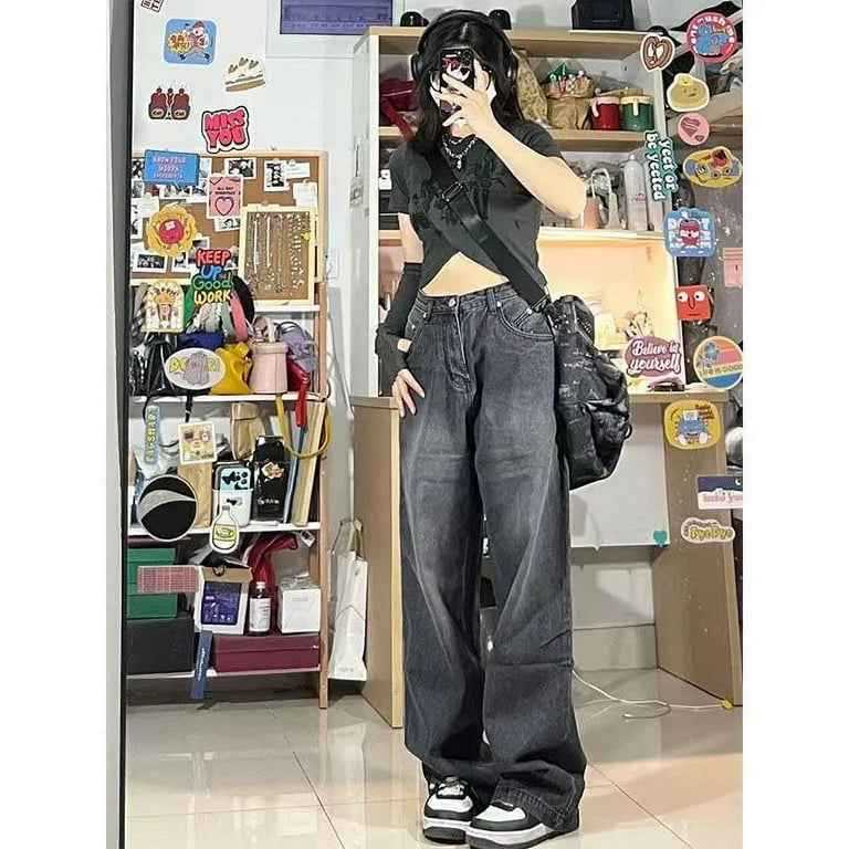 Women Streetwear Black Baggy Jeans High Waiste Oversize Wide Women Streetwear Black Baggy Jeans High Waiste Oversize Wide