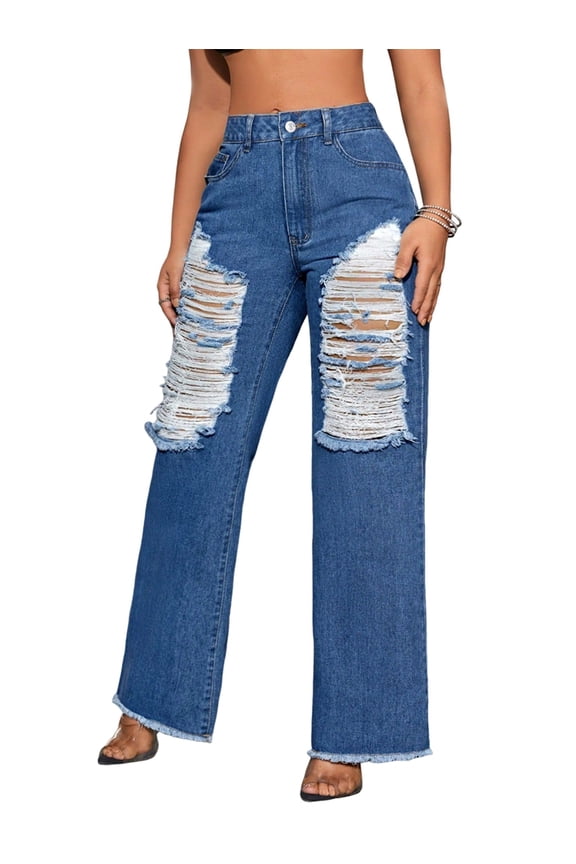 Women Streetwear Raw Hem Ripped Mid Waisted Loose Wide Leg Slim Casual Zipper Fly Vintage Denim Bottoms Dark Blue XS