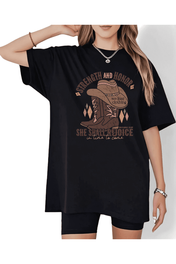 Women Strength And Honor Cowgirl Graphic Cozy Tee T Shirt Top Inspirational Proverbs 31 25 Western Print Short Sleeve Round Neck Black S-5XL