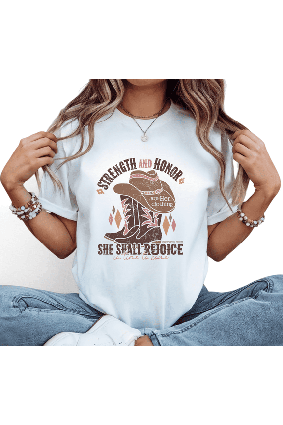 Women Strength And Honor Cowgirl Graphic Cozy Tee T Shirt Top Inspirational Proverbs 31 25 Western Print Short Sleeve Round Neck White S-5XL