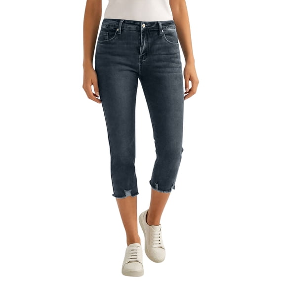 Women Stretch Capri Denim Pants Ripped Distressed Frayed Hem Denim Pants Summer Straight Leg Cropped Jeans