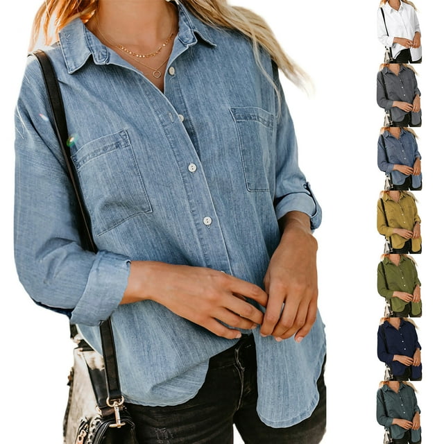 Women Stretch Denim Shirt Lapel Collar Roll Up Sleeve Jean Button Down