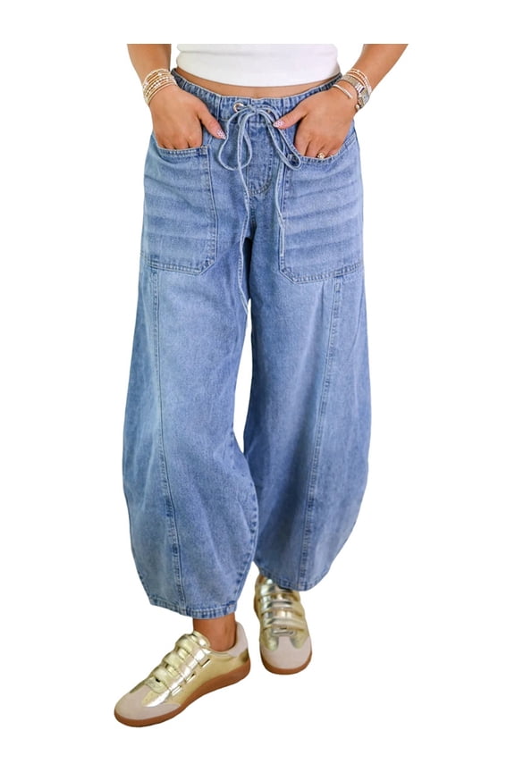 Women Stretch Drawstring High Waisted Jean Loose Wide Leg Baggy Denim Pants Light Blue L