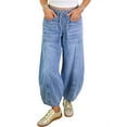 thumbnail image 1 of Women Stretch Drawstring High Waisted Jean Loose Wide Leg Baggy Denim Pants Light Blue XL, 1 of 7