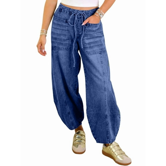 Women Stretch Drawstring High Waisted Jean Loose Wide Leg Baggy Denim Pants  M