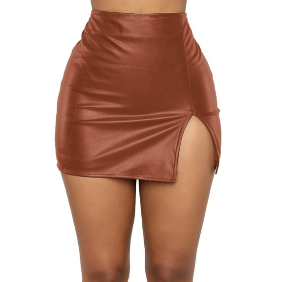 Women Stretch Leather Skirt High Waist Slim Mini Skirt Sexy Split Pencil Skirts for Party Clubwear Nightout Brown US S