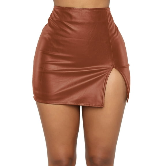 Women Stretch Leather Skirt High Waist Slim Mini Skirt Sexy Split Pencil Skirts for Party Clubwear Nightout Brown US S