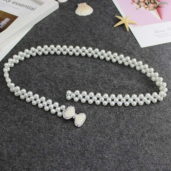 Women Stretch Pearl Belt,Rhinestones Interlocking Buckle Dress Elastic Waist Belts for Party Dress and Wedding Dresses Sash