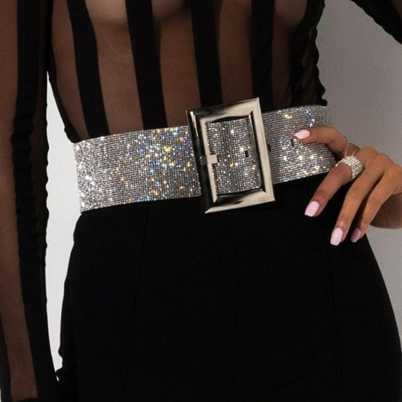 Women Stretch Rhinestone Belt,Rhinestones Dress Elastic Waist Belts for Party Gray