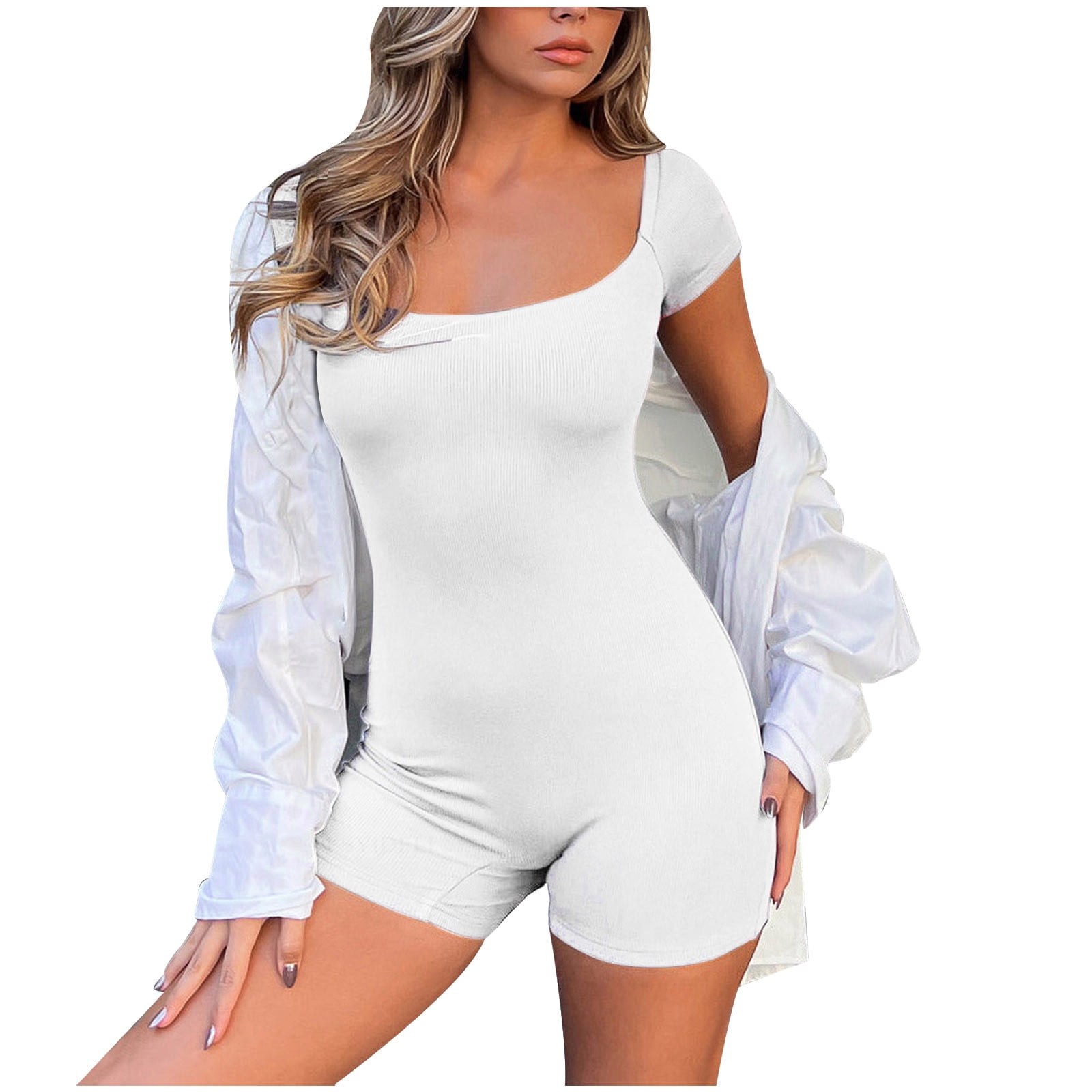 Women Stretch Ribbed Knit Short Romper Bodysuit Short Sleeve Low