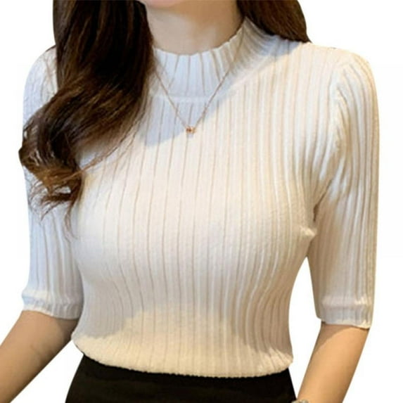 Women Stretch Slim Pullover Knitted Sweater Crew Neck Elbow-sleeve Basic Tops