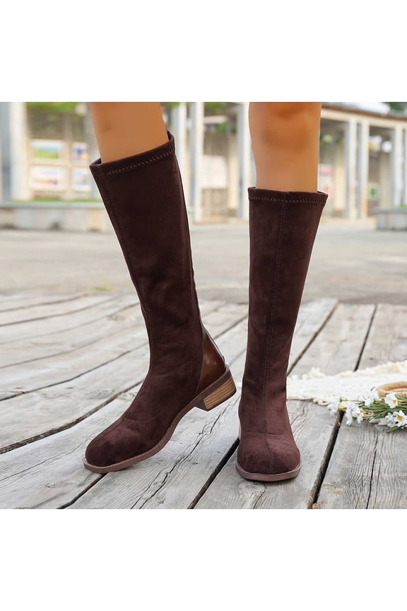 Women Stretch Suede Knee High Boots, Low Block Heel Round Toe Pull On Tall Riding Boots, Soft Slim Fit Casual Long Booties Coffee 5.5(36)