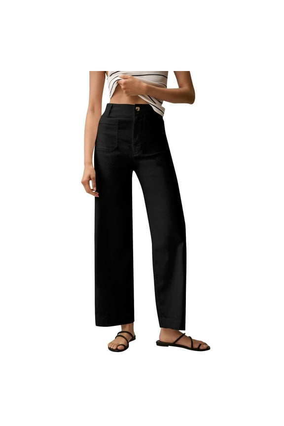 Women Stretch Twill Cropped Pants Wide Leg Jeans with Patch Pocket Straight Leg Chino Pants Casual Ankle Jeans Women Fashion Solid Color Elastic Long Pants Leisure Trousers Black S