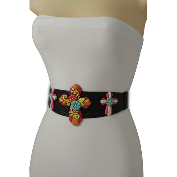 Women Stretch Waist Black Western Fashion Belt Flowers Crosses Believe Bless S M