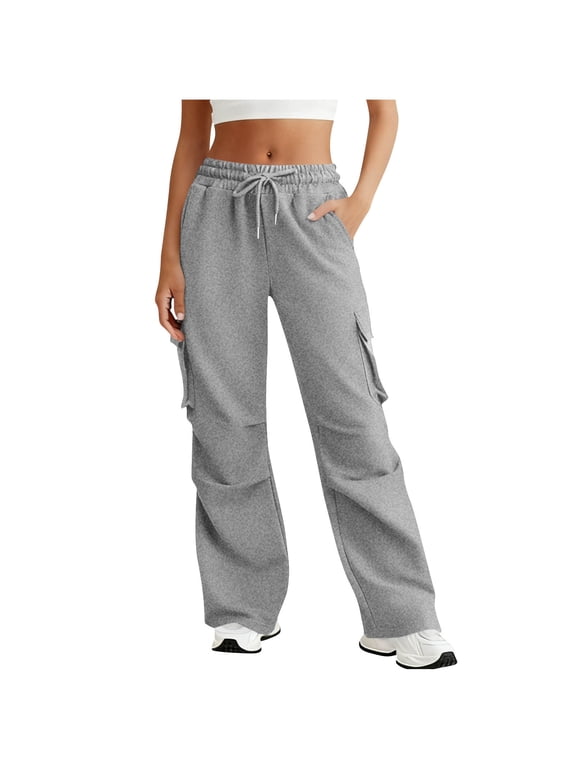Women Stretch Wide Leg Cargo Trousers Elasticated High Waisted Sweatpants with Multiple Solid Color Drawstring Tracksuit Bottoms Lightweight Baggy Joggers Flared Bootcut Combat Pants Y2K Streetwear
