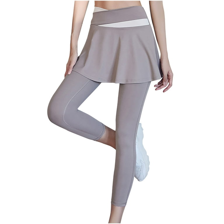 Women Stretch Yoga Skort Leggings Colorblock Waistband High Rise Tennis  Skirt Gym Fitness Running Workout Pants 