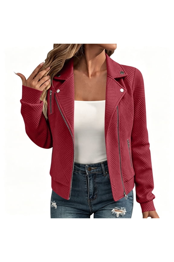 Women Stretch Zip Moto Jacket Lapel Rivet Long Sleeve Casual Outerwear Diagonal Textured Asymmetric Cropped Coat Street Daily Spring Fall Layering Jacket