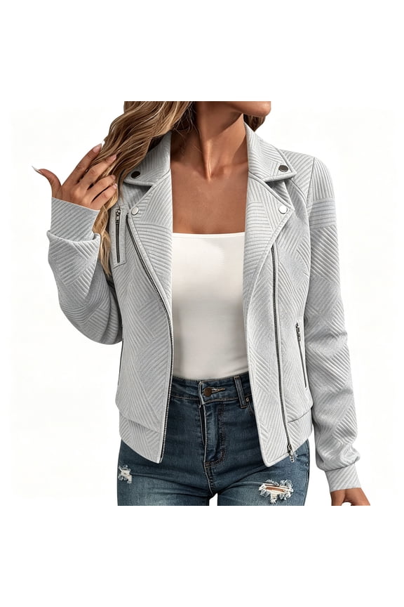 Women Stretch Zip Moto Jacket Lapel Rivet Long Sleeve Casual Outerwear Diagonal Textured Asymmetric Cropped Coat Street Daily Spring Fall Layering Jacket