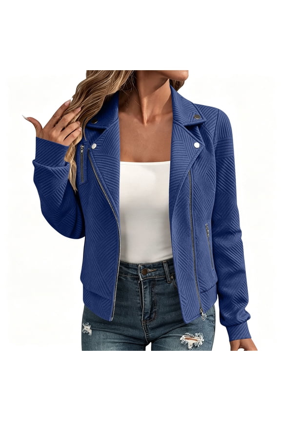 Women Stretch Zip Moto Jacket Lapel Rivet Long Sleeve Casual Outerwear Diagonal Textured Asymmetric Cropped Coat Street Daily Spring Fall Layering Jacket