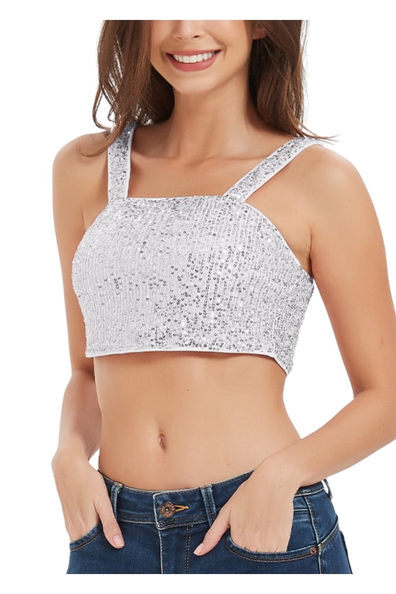 Women Stretchy Sequins Fashion Crop Top Square Neck Wide Strap Sparkling Party Tube Tops,Silver,Medium