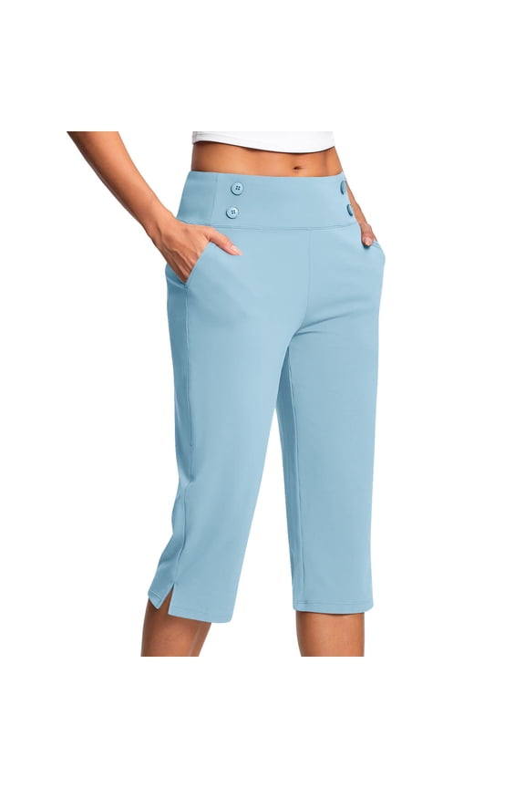 Women Stretchy Yoga Pants Solid Color Capri Pant Split Hem Trousers High Elastic Waisted Bottoms Button Trouser Loose Fit Bottom With Side Pockets
